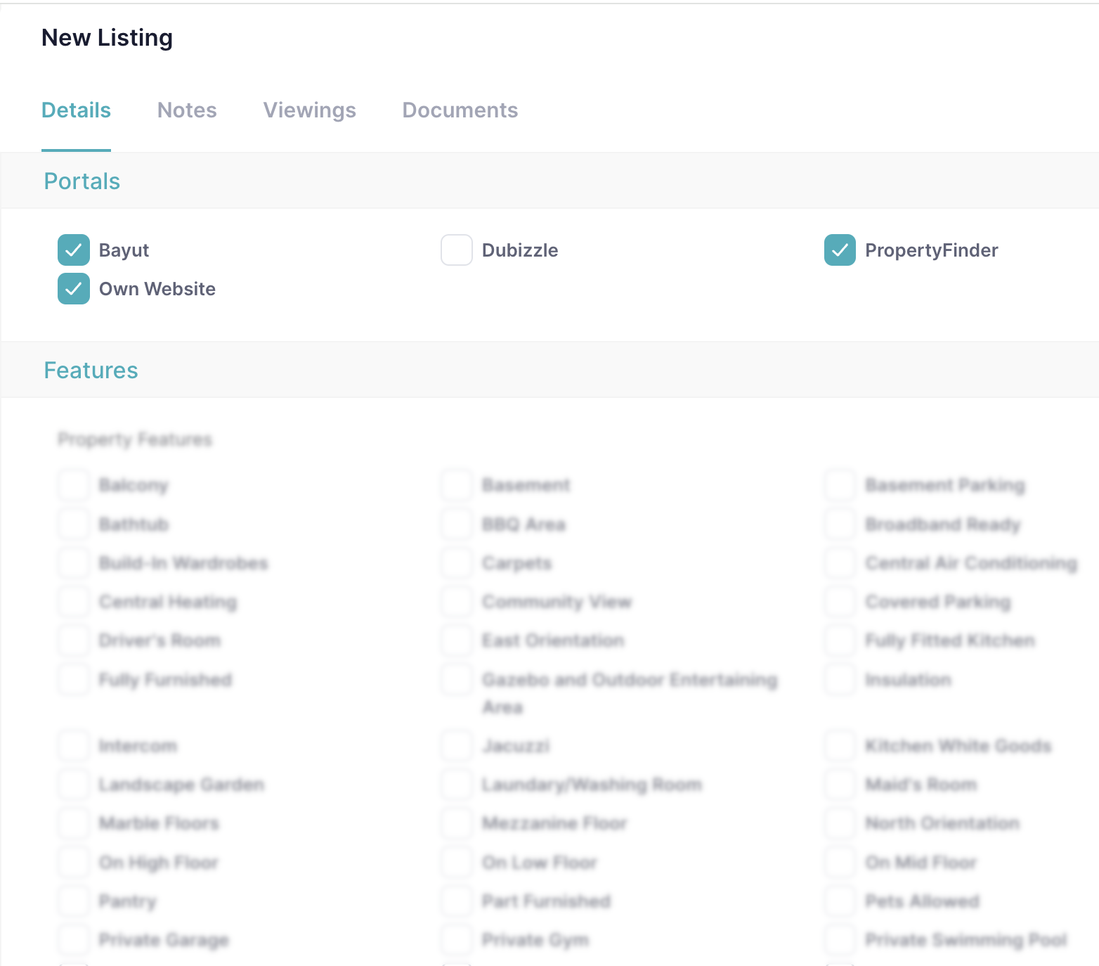 Screenshot of PropHero CRM showcasing property listing integration with Property Finder, Bayut, Dubizzle, and client's website.